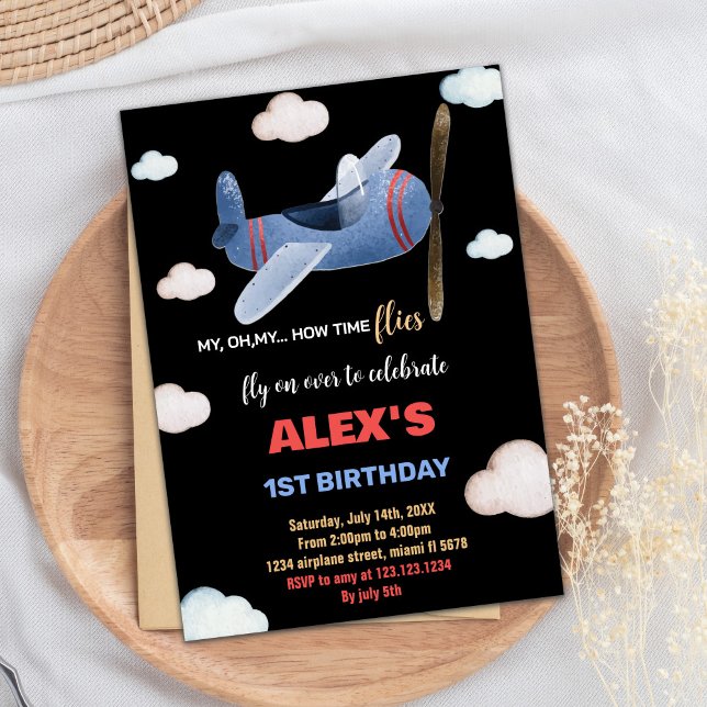 Black Blue Red Airplane Birthday Invitations (Black Blue Red Airplane Birthday Invitations)