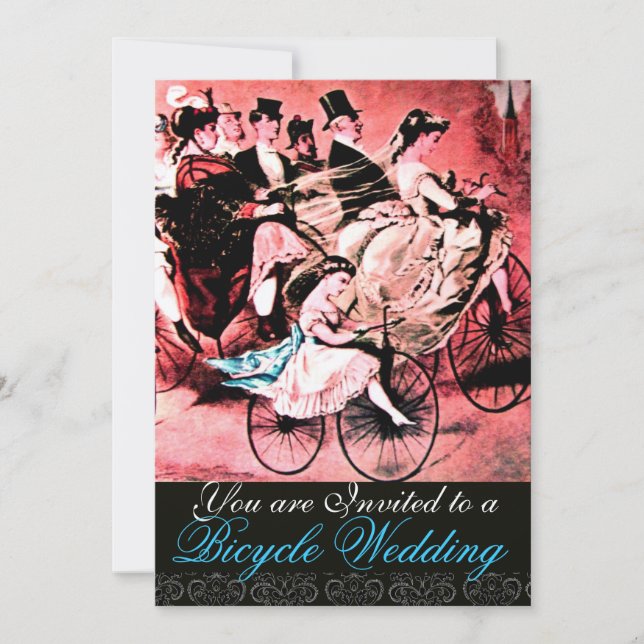BLACK BLUE RED BICYCLE WEDDING DAMASK MONOGRAM INVITATION (Front)