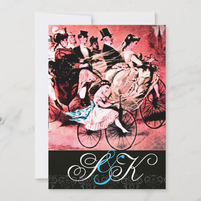 BLACK BLUE RED BICYCLE WEDDING DAMASK MONOGRAM INVITATION (Front)