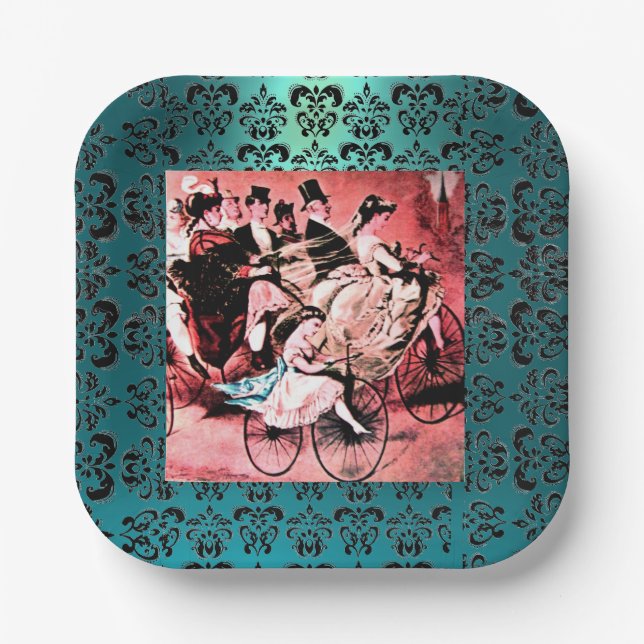 BLACK BLUE RED BICYCLE WEDDING PARTY PAPER PLATES (Front)