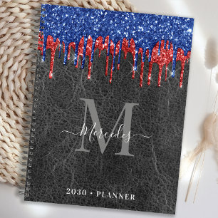 Black Blue Red Glitter Drips Leather Monogram Planner
