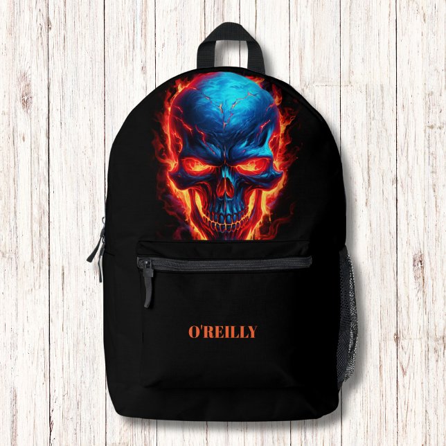 Black Blue Red Skull Flames Modern Monogram Printed Backpack (Creator Uploaded)