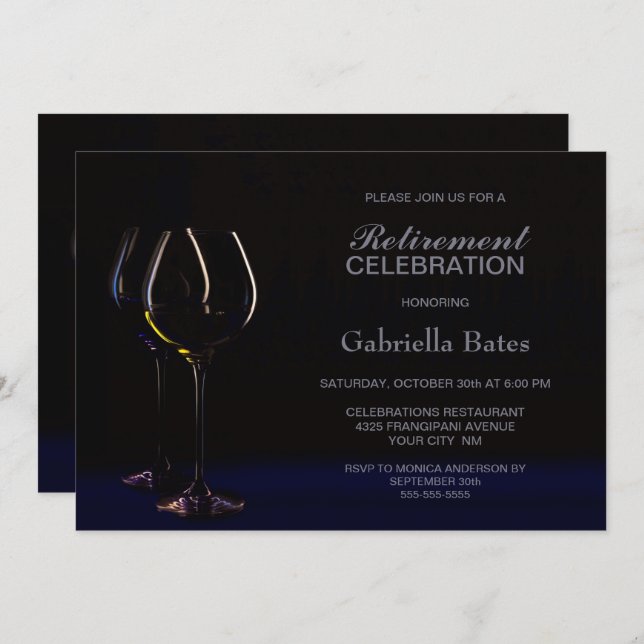 Black Blue Retirement Wine Glass Party Invitation (Front/Back)