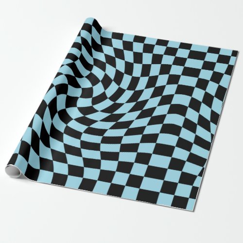 Black Blue Retro Warped Checks Checkered  Wrapping Paper