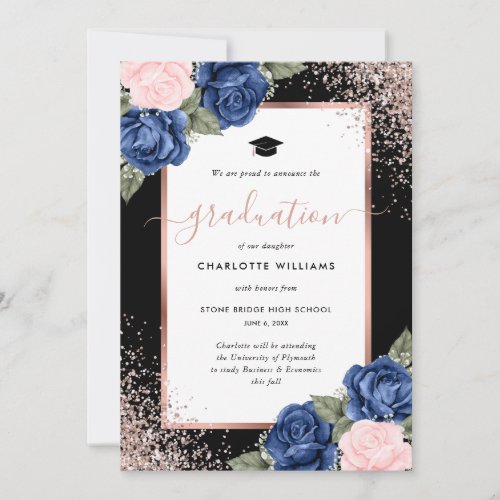 Black Blue Rose Gold Floral Graduation Announcement