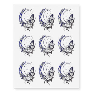 Black & Blue Roses Crescent Moon & Butterfly Temporary Tattoos