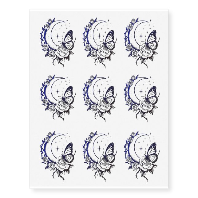 Black & Blue Roses Crescent Moon & Butterfly  Temporary Tattoos (Front)