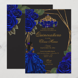 Black Blue Roses Gold Princess Quinceañera Invitation