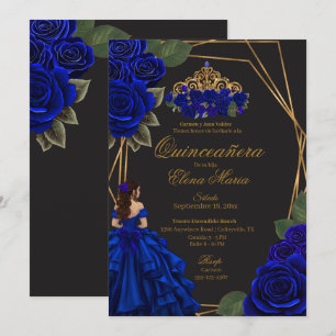 Black Blue Roses Gold Princess Quinceañera Invitation