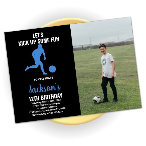 Black Blue Running Soccer Birthday with photo Invitation