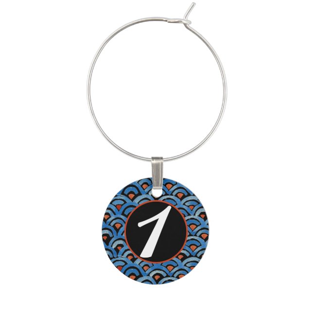 Black Blue & Rust Pattern Numbered Wine Charm (Front)