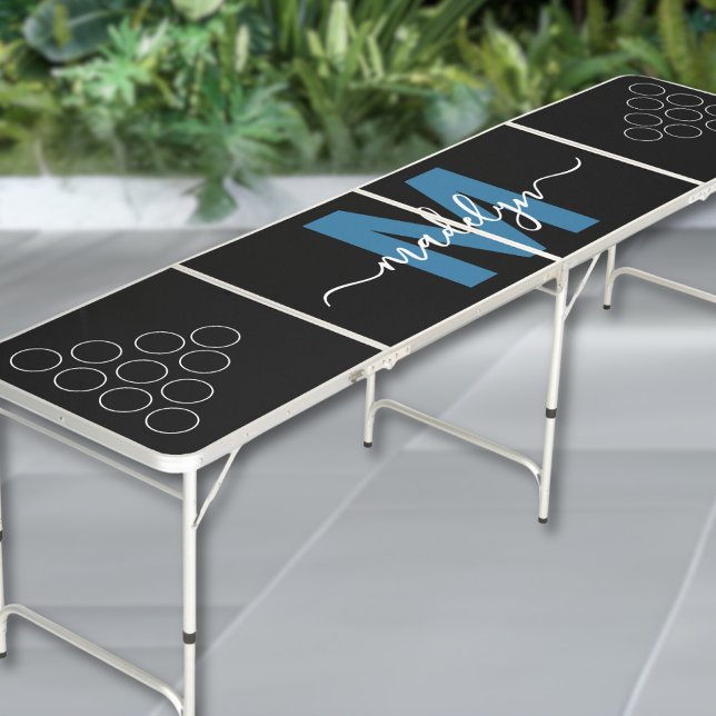 Black Blue Script Name Monogram  Beer Pong Table (Black Blue Script Name Monogram Beer Pong Table)