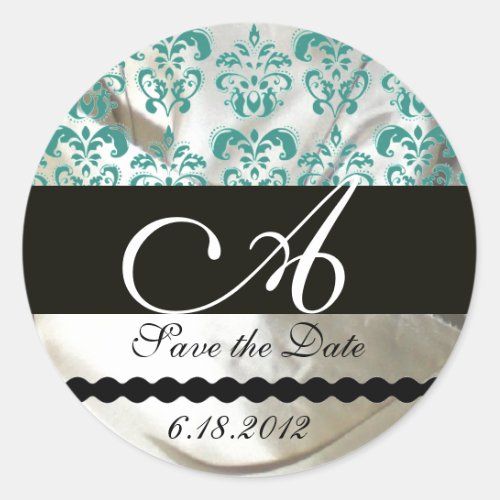 BLACK  BLUE SILK DAMASK CLOTH MONOGRAM CLASSIC ROUND STICKER