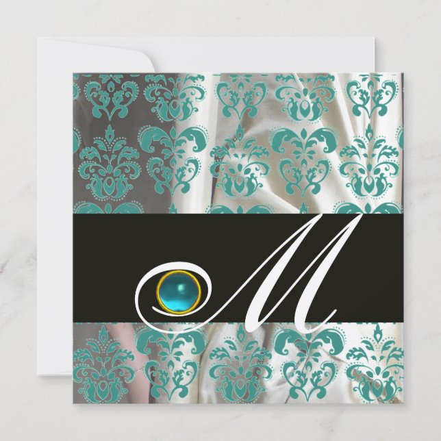 BLACK BLUE SILK DAMASK MONOGRAM AQUAMARINE INVITATION (Front)