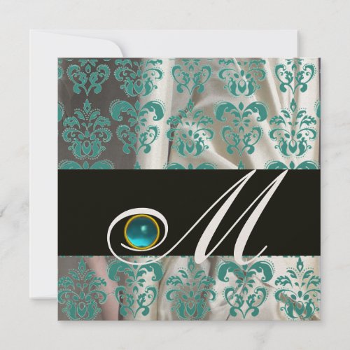 BLACK BLUE SILK DAMASK MONOGRAM AQUAMARINE INVITATION