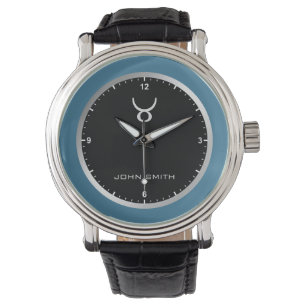 Black Blue Silver Frame Zodiac Sign Name Custom Watch
