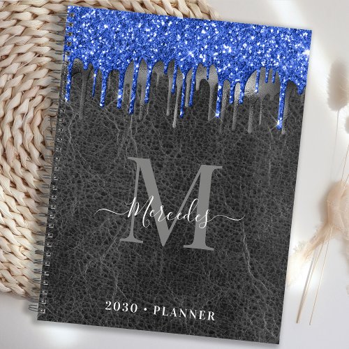 Black Blue Silver Glitter Drips Leather Monogram Planner