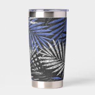 BLACK BLUE & SILVER GLITTER LOOK TROPICAL LEAVES INSULATED TUMBLER
