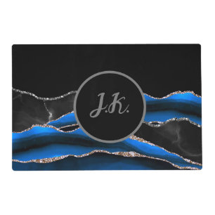 Black Blue Silver Initials Agate Glam Marble Placemat