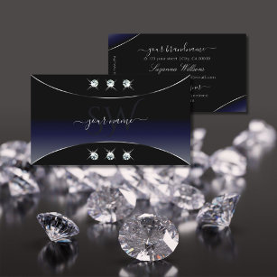 Black Blue Silver Ornate Diamonds and Monogram Business Card