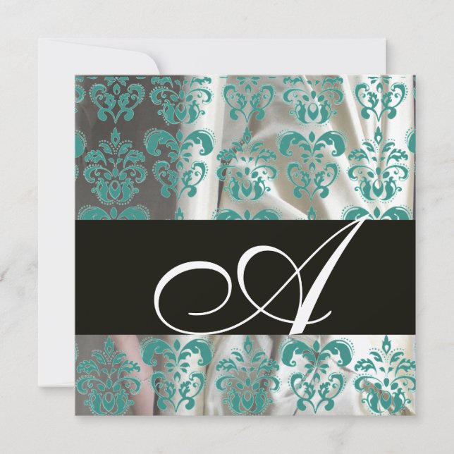 BLACK BLUE SILVER SILK DAMASK CLOTH MONOGRAM INVITATION (Front)