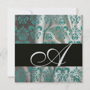 BLACK BLUE SILVER SILK DAMASK CLOTH MONOGRAM INVITATION