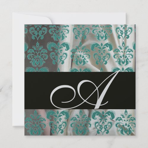 BLACK BLUE SILVER SILK DAMASK CLOTH MONOGRAM INVITATION