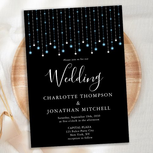 Black Blue Silver Stars String Lights Wedding Invitation