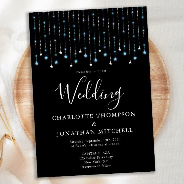 Black Blue Silver Stars String Lights Wedding Invitation (Creator Uploaded)