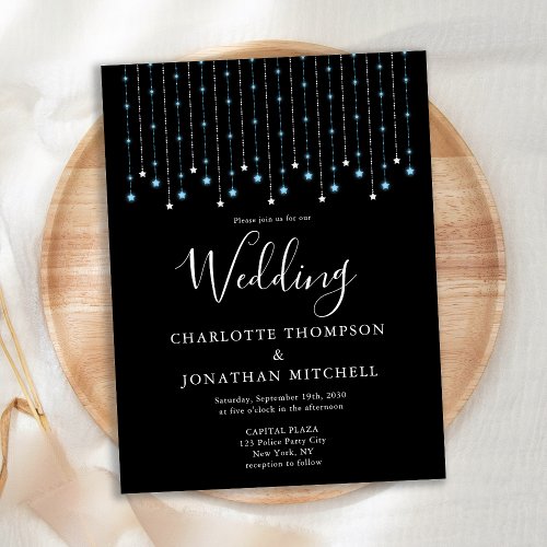Black Blue Silver Stars String Lights Wedding Invitation Postcard