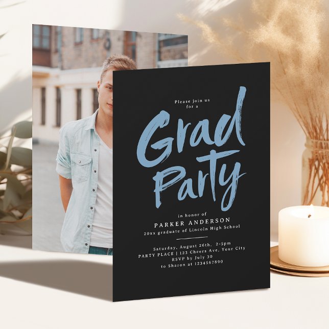 Black Blue Simple Modern Brush Script Grad Party Invitation (Black Blue Simple Modern Brush Script Grad Party Invitation)