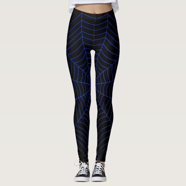 Black blue spider web Halloween pattern Leggings (Front)