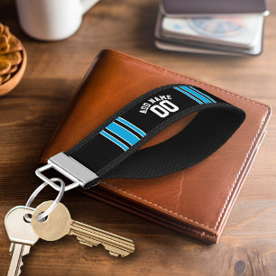 Black Blue Sports Jersey with Your Name and Number Wrist Keychain