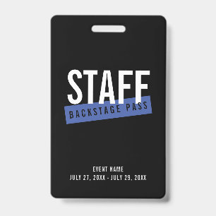 Black Blue Staff Backstage Pass Custom ID Badge