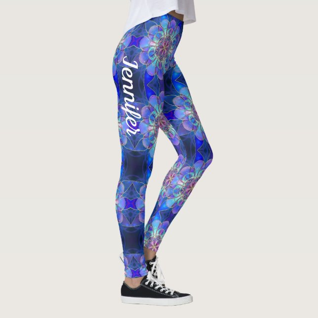 Black Blue Star Custom Name Leggings Stained Glass (Right)