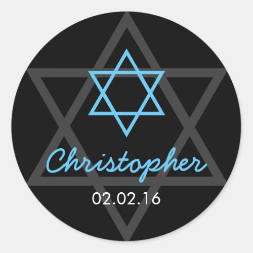 Black Blue Star of David Personalized Bar Mitzvah Classic Round Sticker