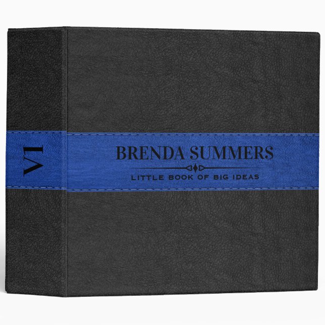 Black & Blue Stitched Leather Black 3 Ring Binder (Front/Spine)