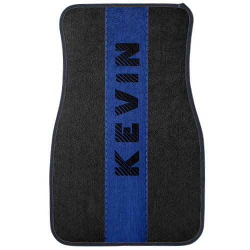 Black  Blue Stitched Leather Monogram Car Floor Mat