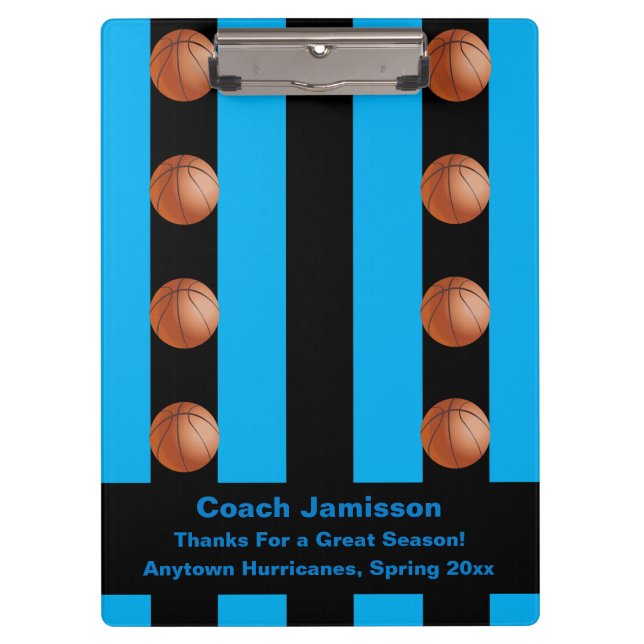 Black Blue Stripe, Basketball Team Coach Thank You Clipboard (Front)