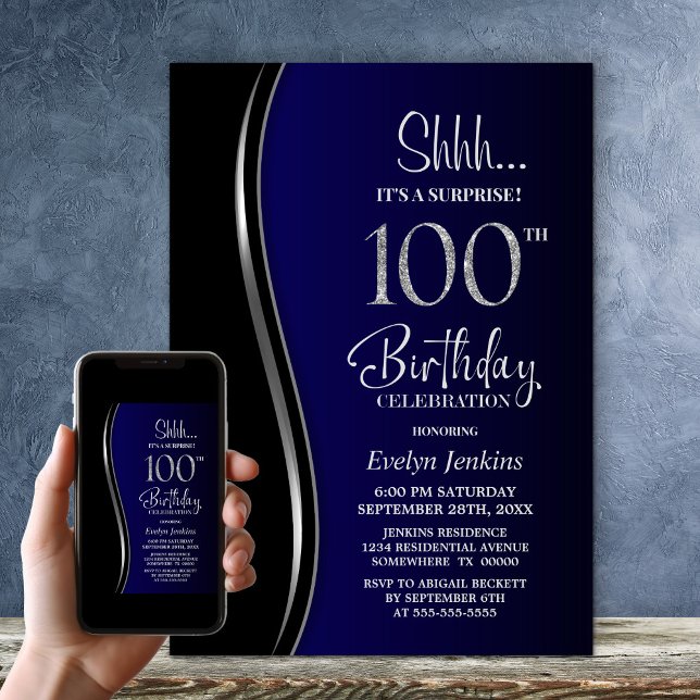 Black Blue Surprise 100th Birthday Invitation (Creator Uploaded)