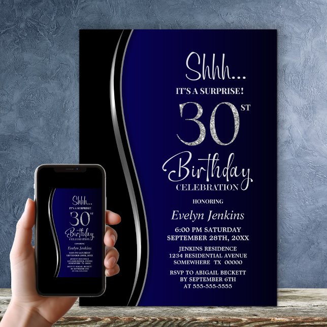Black Blue Surprise 30th Birthday Invitation (Creator Uploaded)