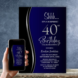 Black Blue Surprise 40th Birthday Invitation