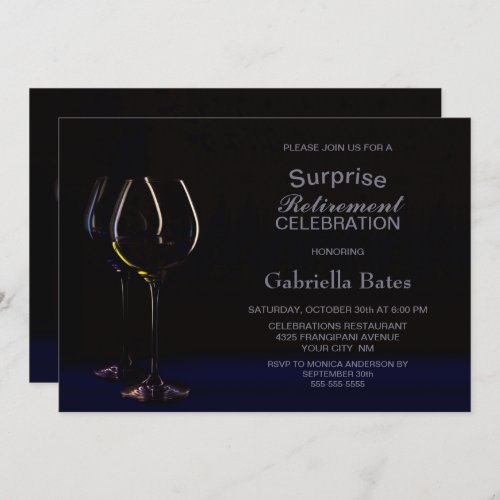 Black Blue Surprise Retirement Wine Glass Party Invitation