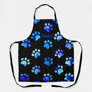 Black Blue Textured Paw Print Pattern Personalized Apron