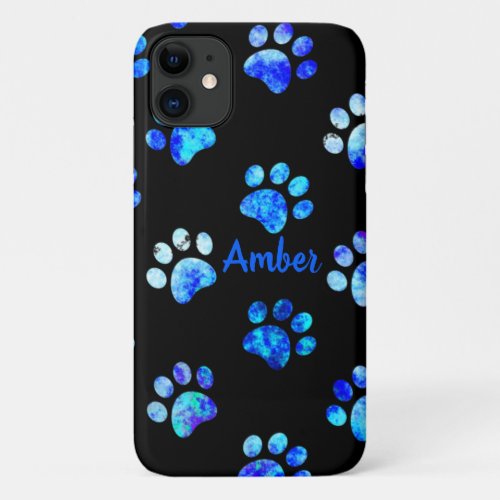 Black Blue Textured Paw Print Pattern Personalized iPhone 11 Case