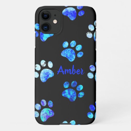 Black Blue Textured Paw Print Pattern Personalized iPhone 11 Case