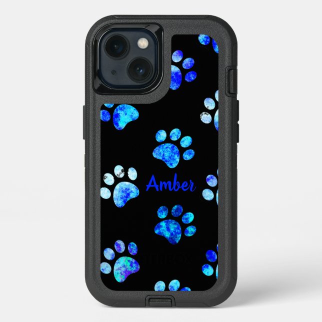 Black Blue Textured Paw Print Pattern Personalized Otterbox iPhone Case (Back)