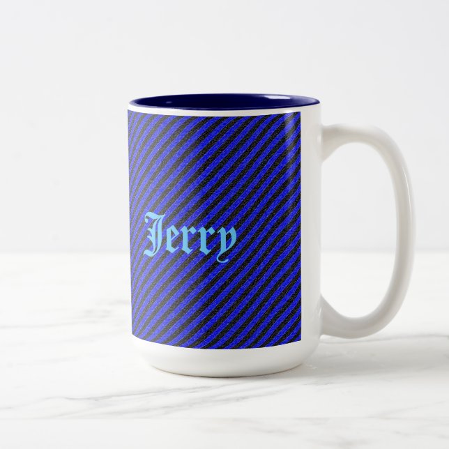 Black Blue Thin Diagonal Stripes Two-Tone Coffee Mug (Right)