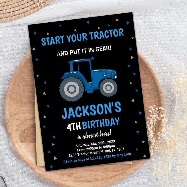 Black Blue Tractor Birthday Invitations (Black Blue Tractor Birthday Invitations)
