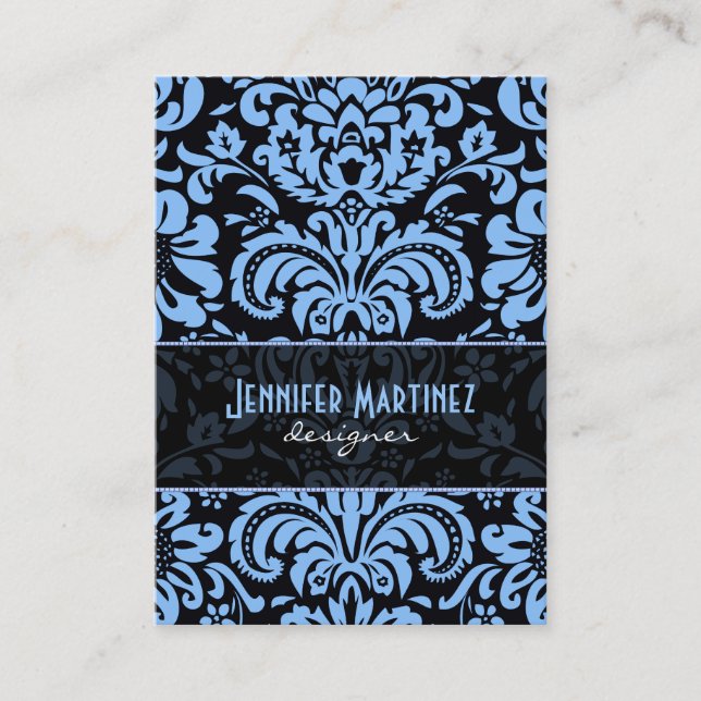 Black  Blue Vintage Floral Damasks Business Card (Front)